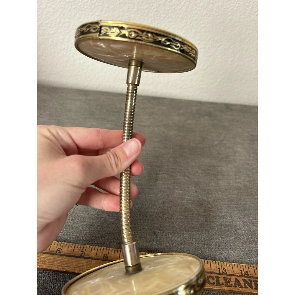 Vintage Vanity Mirror Gooseneck Double Sided Round Magnifying Ivory Gold Plastic